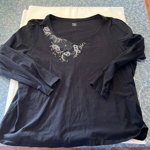 ANA  A.N.A. Women Black Long-sleeved embroidered Blouse Top Shirt 2X